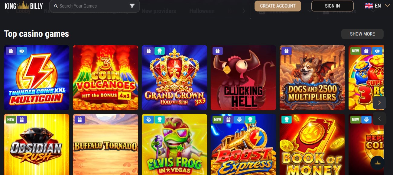 King Billy bonus details, code displayed beside the offer heading